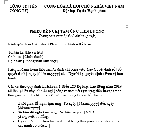 Mẫu phiếu đề nghị tạm ứng tiền lương trong thời gian bị đình chỉ công việc