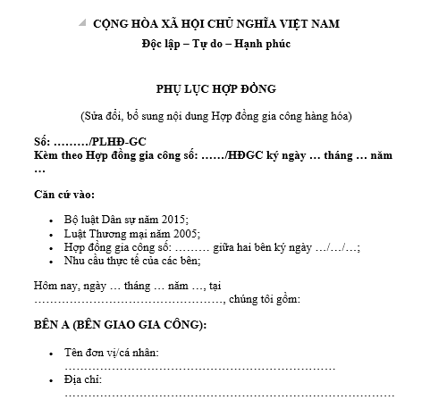 Mẫu Phụ lục sửa đổi bổ sung nội dung hợp đồng gia công hàng hóa