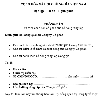 Mẫu Thông báo chào bán cổ phần của cổ đông sáng lập trong công ty cổ phần