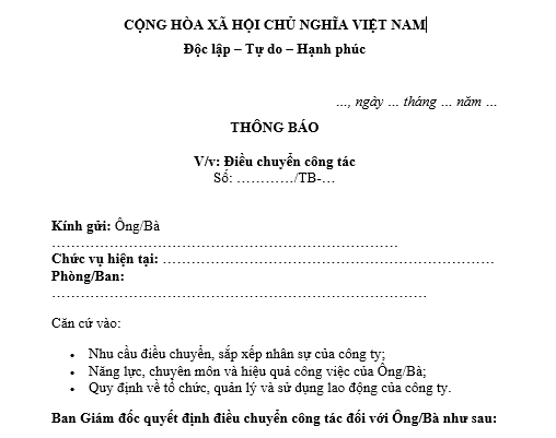 Mẫu thông báo điều chuyển công tác gửi nội bộ công ty