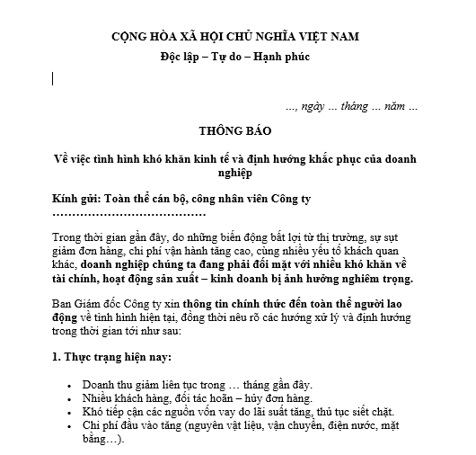 Mẫu thông báo nội bộ về việc doanh nghiệp đang gặp khó khăn kinh tế