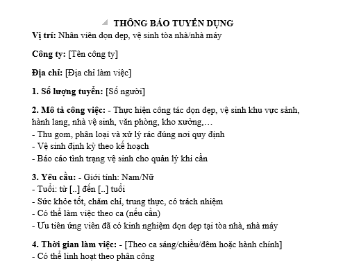 Mẫu Thông báo tuyển dụng nhân viên dọn dẹp vệ sinh tòa nhà, nhà máy thông dụng? Tải mẫu tại đâu?