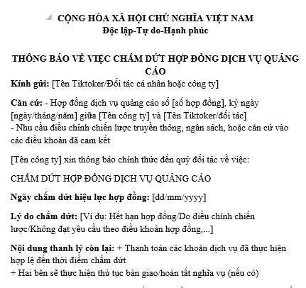 Mẫu Thông báo về việc chấm dứt hợp đồng dịch vụ quảng cáo giữa công ty với đối tác là Tiktoker