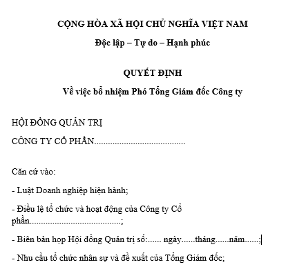 Mẫu Quyết định bổ nhiệm Phó tổng giám đốc công ty cổ phần