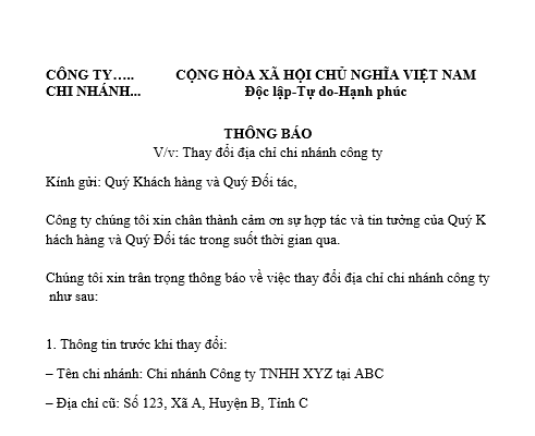 Mẫu Thông báo thay đổi địa chỉ chi nhánh công ty sau sáp nhập tỉnh xã gửi đối tác, khách hàng