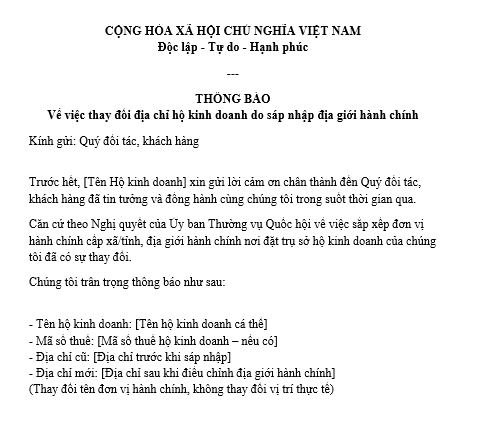 Mẫu Thông báo thay đổi địa chỉ hộ kinh doanh sau sáp nhập tỉnh xã gửi đối tác, khách hàng