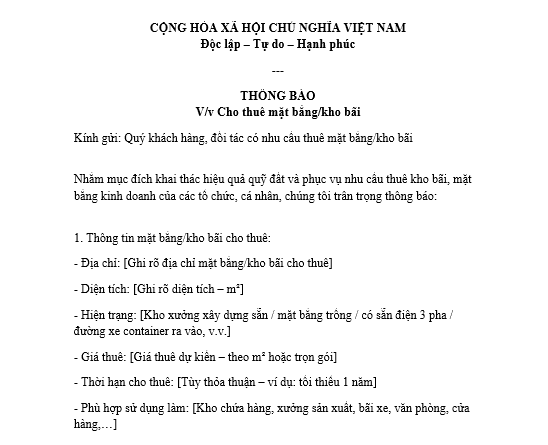 Mẫu thông báo cho thuê mặt bằng, kho bãi