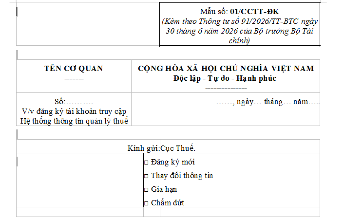 Mẫu Đăng ký thay đổi thông tin tài khoản truy cập Hệ thống thông tin quản lý thu 2026