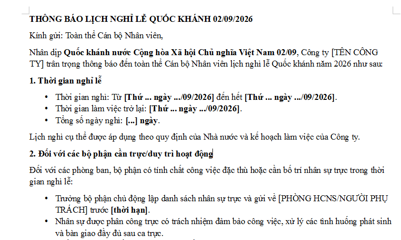 Mẫu Email thông báo lịch nghỉ lễ Quốc khánh 2026 có dạng ra sao? Người lao động nghỉ lễ Quốc khánh bao nhiêu ngày?