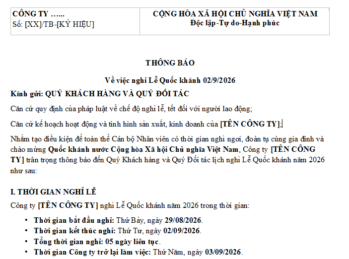 : Mẫu Thông báo lịch nghỉ lễ Quốc khánh 2/9/2026 công ty gửi đối tác, khách hàng