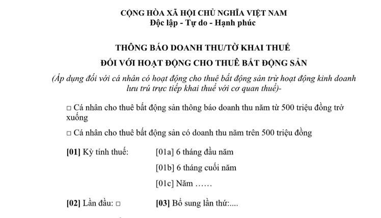 Mẫu Tờ khai thuế lần đầu đối với hoạt động cho thuê bất động sản 2026