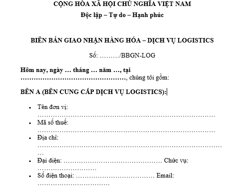 Mẫu Biên bản giao nhận hàng hóa dịch vụ logistics