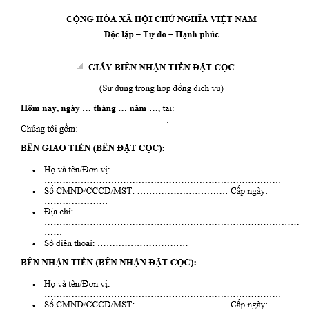 Mẫu giấy biên nhận tiền đặt cọc thực hiện hợp đồng dịch vụ