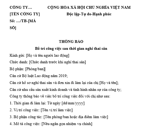 Mẫu thông báo bố trí công việc cho lao động nữ đi làm lại sau thời gian nghỉ thai sản