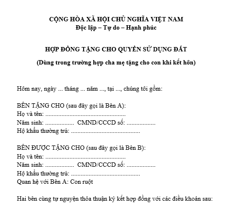 Mẫu hợp đồng tặng cho quyền sử dụng đất cho‍ con‍ cái khi kết hôn