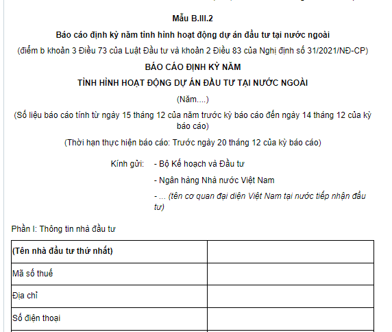 Mẫu Báo cáo định kỳ hàng năm tình hình hoạt động dự án đầu tư tại nước ngoài mới nhất hiện nay 