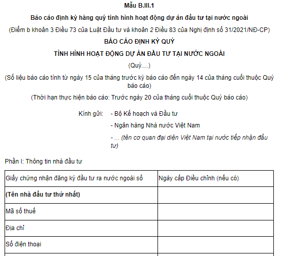  Mẫu Báo cáo định kỳ hàng quý tình hình hoạt động dự án đầu tư tại nước ngoài mới nhất hiện nay 