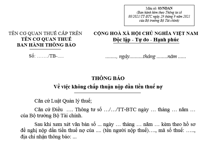 Mẫu thông báo về việc không chấp thuận nộp dần tiền thuế nợ mới nhất