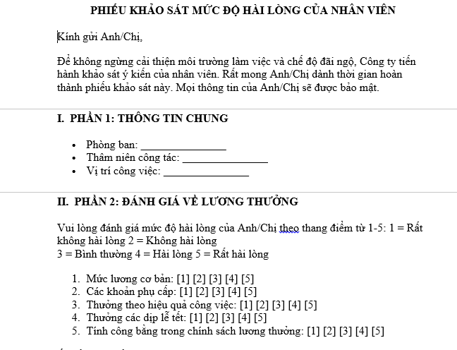 Mẫu phiếu khảo sát mức độ hài lòng về lương thưởng, công việc của nhân viên công ty