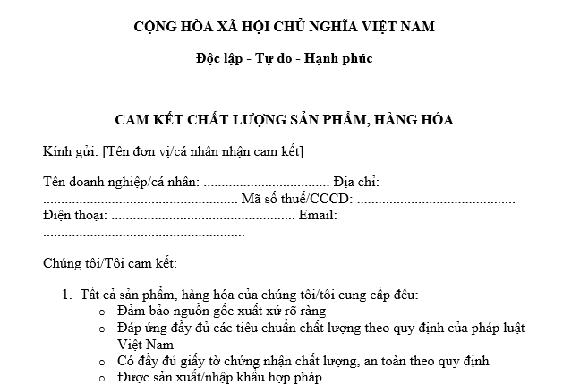 Mẫu cam kết về chất lượng sản phẩm hàng hóa