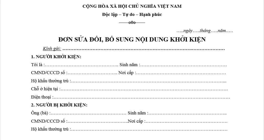 Mẫu đơn sửa đổi, bổ sung nội dung đơn khởi kiện tranh chấp hợp đồng mua bán hàng hóa mới nhất