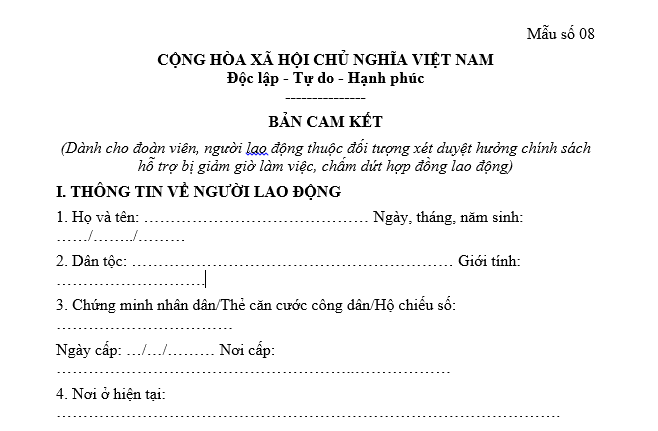 Mẫu bản cam kết của người lao động để được hỗ trợ do bị giảm giờ làm việc, chấm dứt hợp đồng lao động