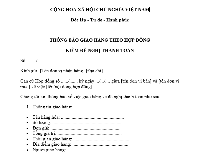 Mẫu Thông báo giao hàng theo hợp đồng kiêm đề nghị thanh toán 