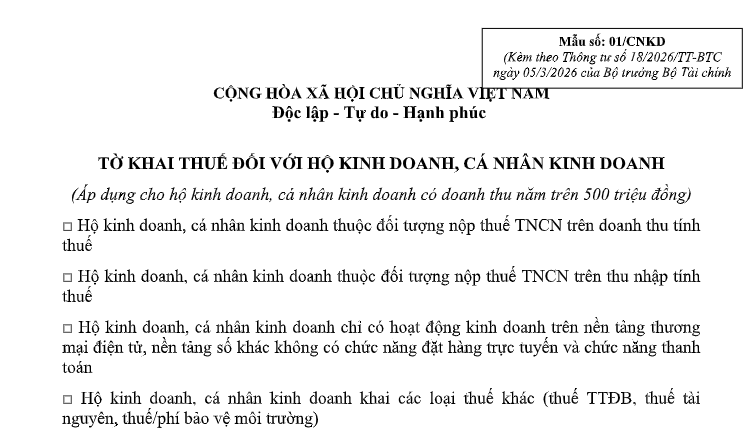 Mẫu Tờ khai thuế giá trị gia tăng, thuế TNCN của hộ kinh doanh online không bán hàng trực tiếp trên nền tảng