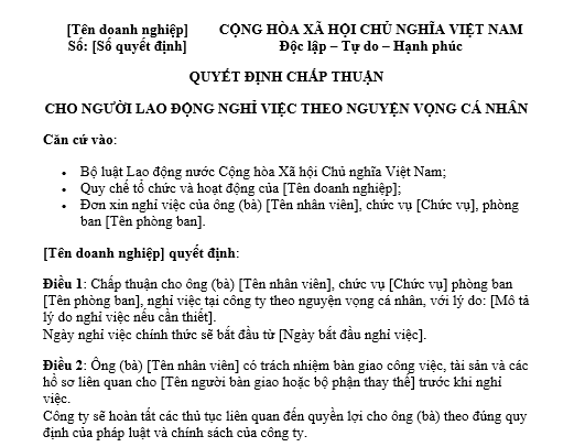  Mẫu quyết định chấp thuận cho người‍ lao‍ động‍ nghỉ‍ việc‍ theo‍ nguyện‍ vọng‍ cá‍ nhân‍
