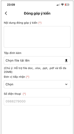 Bước 2: Hệ thống hiển thị màn hình Đóng góp ý kiến