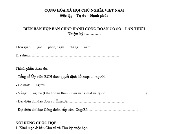 Mẫu biên bản họp ban chấp hành công đoàn cơ sở lần thứ nhất? Tải về biên bản họp ban chấp hành công đoàn cơ sở?