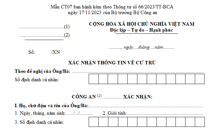Mẫu CT07 xác nhận thông tin về cư trú theo Thông tư 66