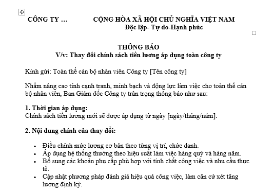 Mẫu Thông báo thay đổi chính sách tiền lương toàn công ty