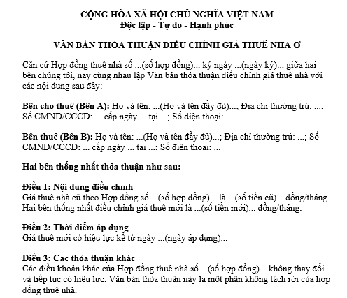  Mẫu văn bản thỏa thuận điều chỉnh giá thuê trong hợp đồng thuê nhà ở