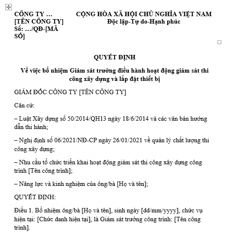 Mẫu quyết định bổ nhiệm giám sát trưởng điều hành hoạt động giám sát thi công xây dựng và lắp đặt thiết bị công trình xây dựng mới
