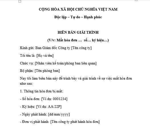 Mẫu biên bản giải trình sự việc mất hóa đơn gửi ban giám đốc công ty