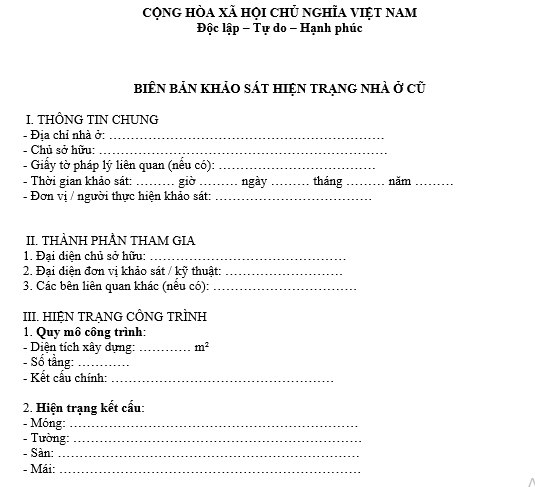 Mẫu biên bản khảo sát hiện trạng nhà ở cũ