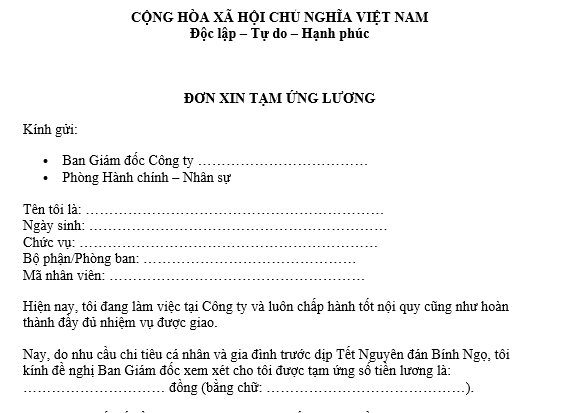 Mẫu Đơn xin tạm ứng lương trước Tết Nguyên đán Bính Ngọ? Được tạm ứng lương trước Tết bao nhiêu?