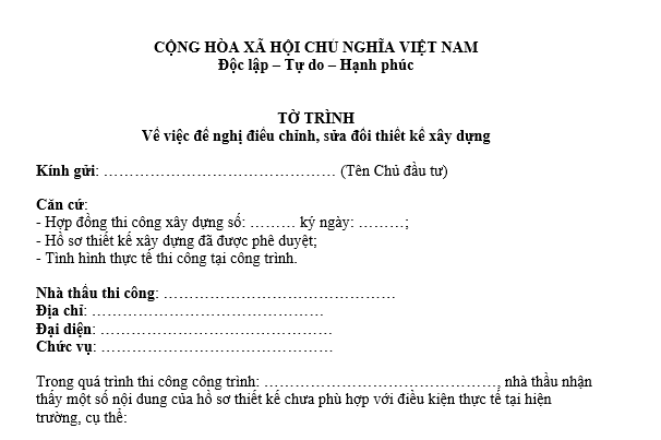 Mẫu Tờ trình đề nghị điều chỉnh sửa đổi thiết kế xây dựng nhà thầu thi công gửi chủ đầu tư? Tải mẫu?
