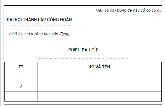 Mẫu Phiếu bầu cử tại Đại hội thành lập công đoàn cơ sở 2026