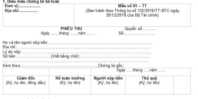 Mẫu Phiếu thu tiền mặt theo Thông tư Thông tư 132 dành cho doanh nghiệp siêu nhỏ có dạng như sau: