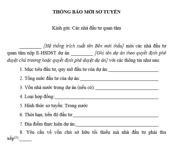 Mẫu hồ sơ mời sơ tuyển lựa chọn nhà đầu tư thực hiện dự án PPP theo Thông tư 15