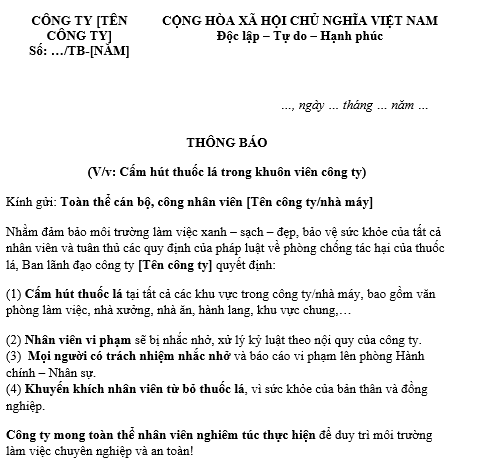  Mẫu thông báo cấm hút thuốc trong công ty, nhà máy