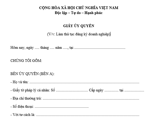 Mẫu giấy ủy quyền cho cá nhân làm thủ tục đăng ký doanh nghiệp