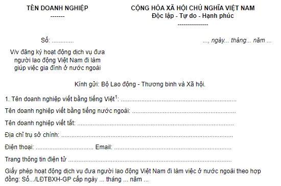 Văn bản đăng ký hoạt động dịch vụ đưa người lao động Việt Nam đi làm giúp việc gia đình ở nước ngoài