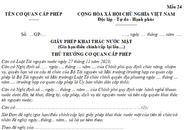 đơn điều chỉnh giấy phép khai thác nước mặt