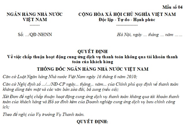 quyết định chấp thuận dịch vụ thanh toán không qua tài khoản