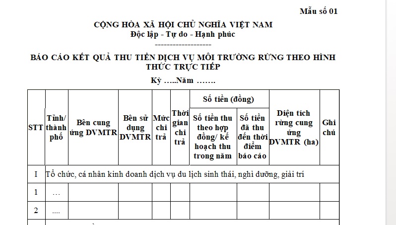 thu tiền dịch vụ môi trường rừng