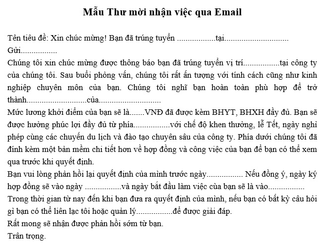 thư mời nhận việc