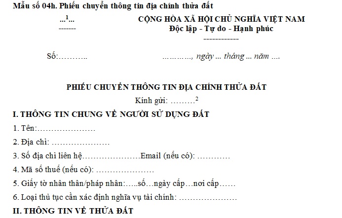 phiếu chuyển thông tin địa chính